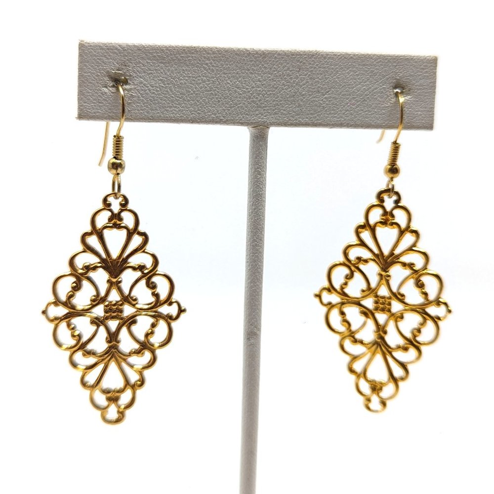 New Gold-Toned Diamond-Shaped Medallion Style Earrings